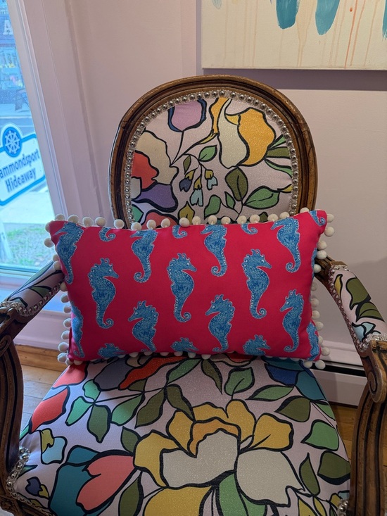 Lilly Pulitzer Other - Lilly Pulitzer Pink Pillow with Blue Seahorse Motif and pompon fringe